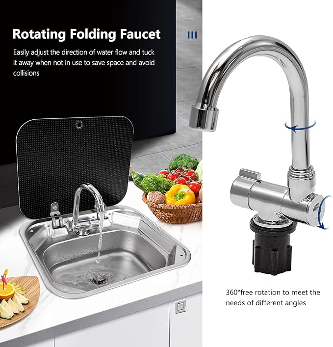 Portable RV Sink, 16.54×14.57×5.91 Inch Small Stainless Steel Bar Camping Sink with Folde Faucet and Tempered Glass Cover for Camper Trailer Caravan