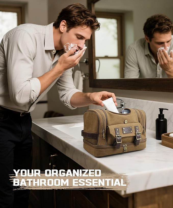 ARCFOX Travel Hanging Toiletry Bag for Men, Vintage Canvas Large Toiletry Bag with 7 Compartments, Camping Gym Travel Toiletry Kit Organizer with PVC Wet & Dry Pockets, Personalized Wash Bag, Brown