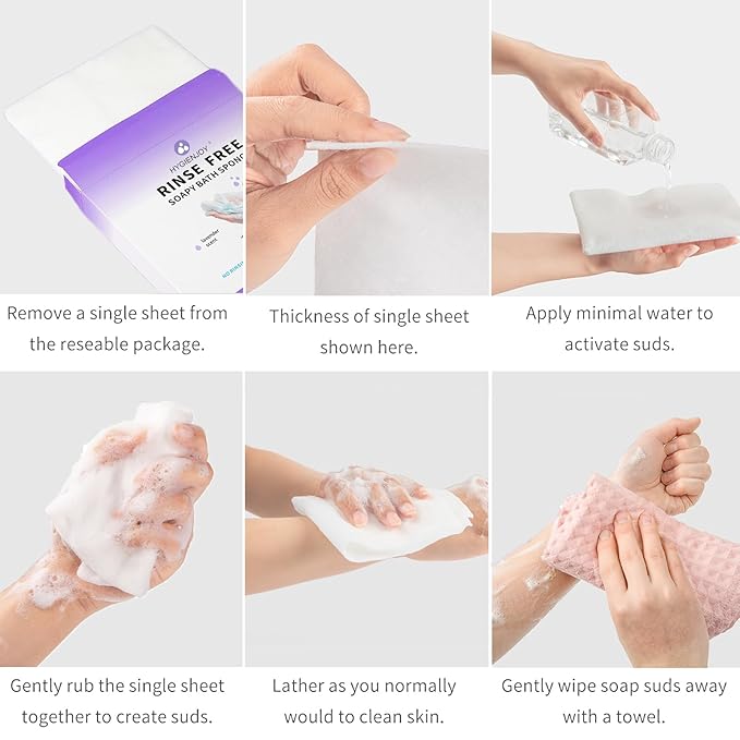 HYGIENJOY-Rinse Free Bath Sponges for Adults-Disposable No Rinse Bathing Wipes, Soap Infused,Extra Thick and Dry Shower Wipes for Elderly,Camping,Post Surgery Must Haves, (Lavender 3 Pack,75 Counts)