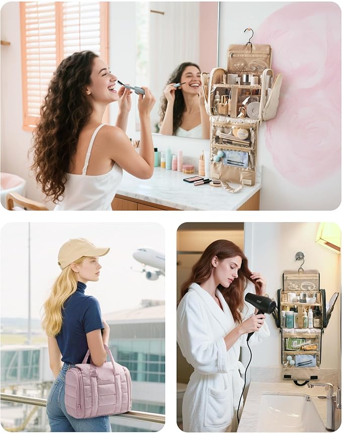 BAGSMART Hanging Toiletry Bag with Removable Partition, Puffy Water-resistant Fabric, Cosmetic Bag Makeup Bag for Full Sized Toiletries, Nude Pink