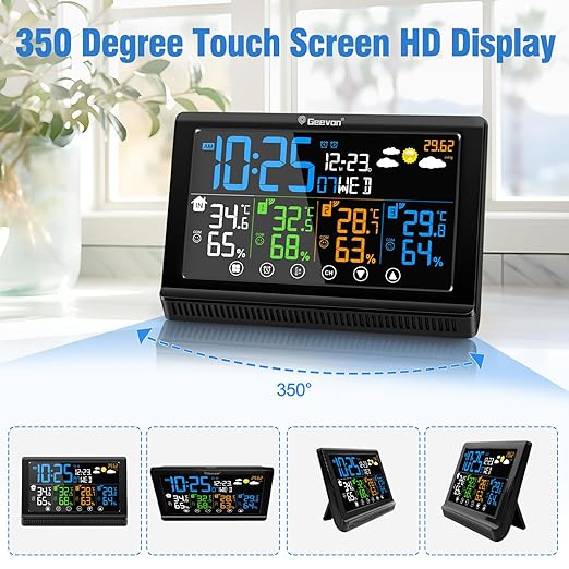 Geevon Weather Stations Wireless Indoor Outdoor, Digital Color Display Thermometer Hygrometer with 3 Sensors, AC Adaptor and Adjustable Backlight, Temperature Humidity Monitor for Home Office Bedroom