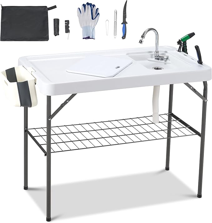 Dragosum Outdoor Sink Fish Cleaning Table Portable Camping Table with Faucet Hose Hook Up Grid Rack, Fish Fillet Camping Sink Table, Fish Cleaning Kit for Picnic Beach Patio