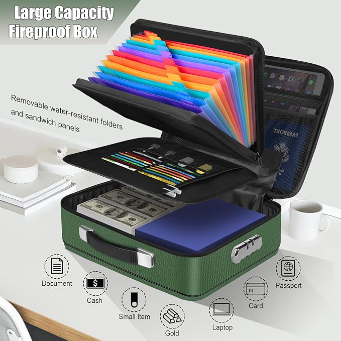 Fireproof Document Box, Hard Shell Fireproof Box, Document Organizer with Lock, Fireproof Water Resistant box, Portable Documents Safe Box for Important Document Certificates, Laptop, Passports, Green