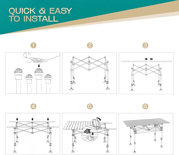 Height Adjustable Camping Table Tall Large Outdoor Folding Camping Table with Wide-Base Anti-Sink Legs & Carry Bag for Camping BBQ Beach Backyard (Black)
