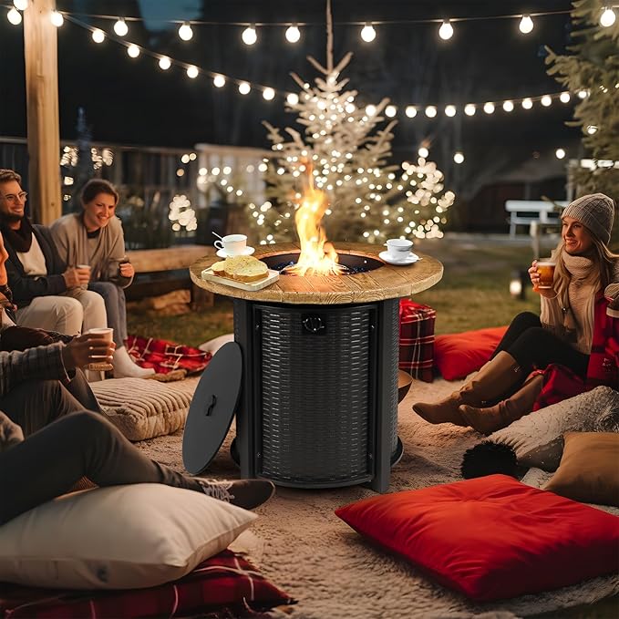 30 Inch Round Propane Fire Pit,50,000 BTU Iron Gas Firepit with Ignition Systems, w/Lid, Glass Stones,Outdoor Fire Table for Outside Patio,Deck-Black