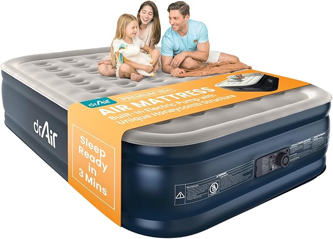 Queen Air Mattress, 18” Raised Inflatable Bed with Built-in Pump, Waterproof Velvety Top, Ergonomic Design, Reinforced Support, and Carry Bag for Home, Camping, and Guests
