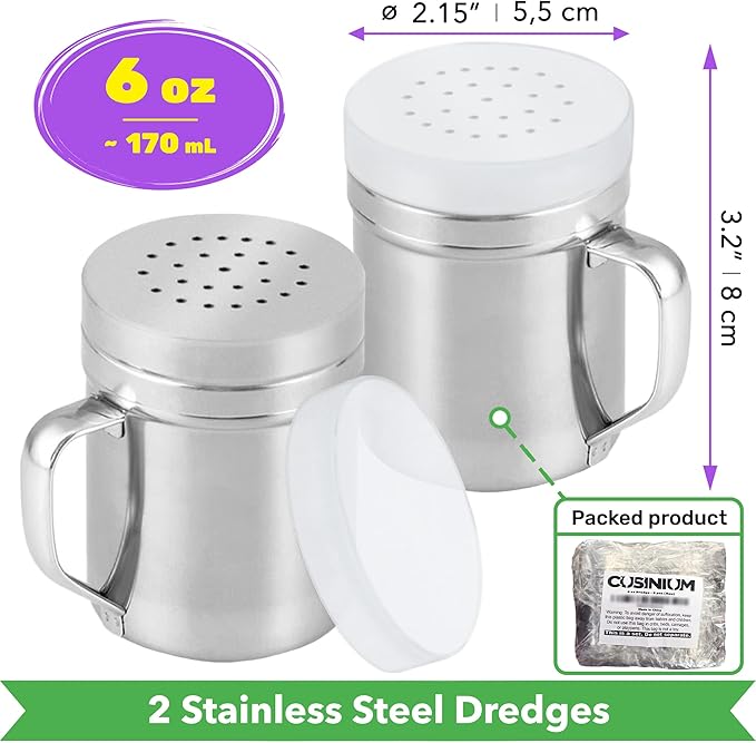 CUSINIUM Metal Salt Pepper Cooking Dredge Shakers - With Handle - Seasonings Spice Shakers With Holes and Lids - 6 Ounce, 2pcs | Style: Medium