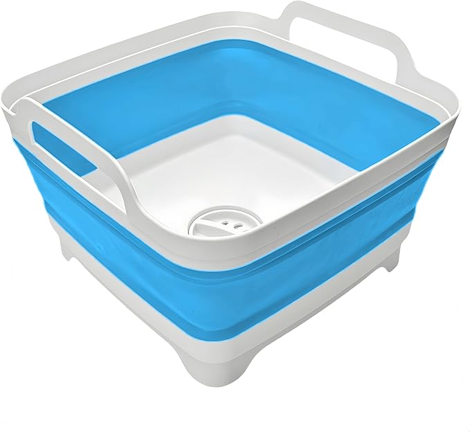 Collapsible Wash Basin 9L, Foldable Dish Tub with Drain Plug, Portable Collapsible Dish Basin, Camping Sink for Washing Dishes, Laundry & Kitchen Use (Blue)