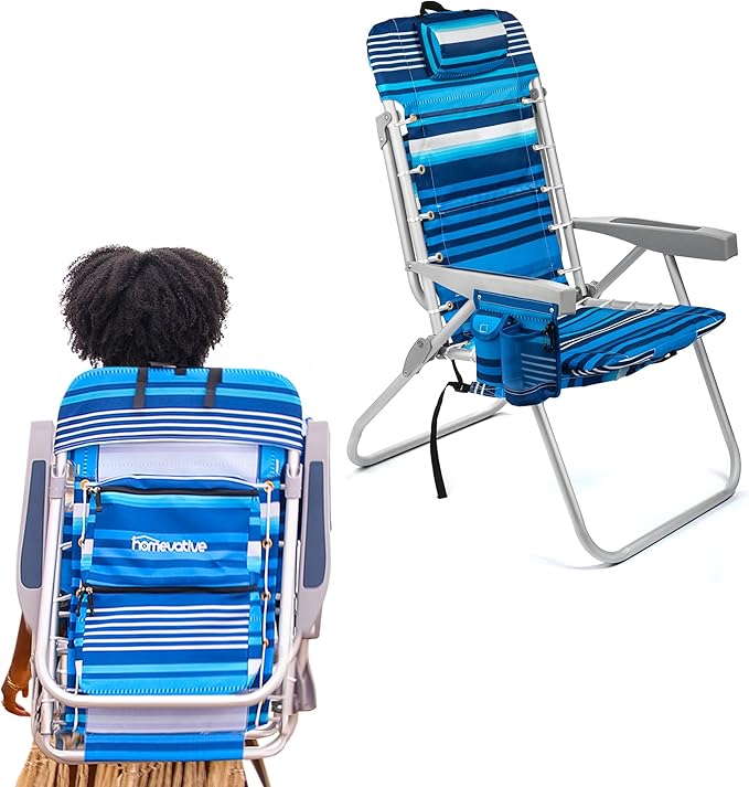 Homevative Backpack Fold-Up Beach Chair, 5 Positions, Towel bar, Cooler, Storage Pouch, Cup Holder and Phone Pocket