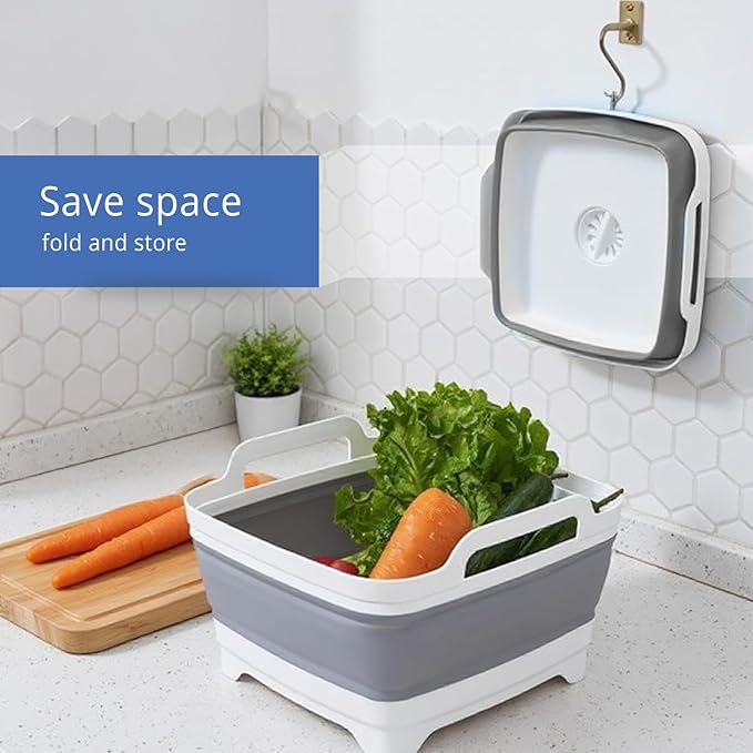 Collapsible Dish Basin - 2.4 Gal (9L) with Drain Plug – Foldable Multiuse Sink Tub for Kitchen, Camping, RV, Dishwashing & Vegetable Washing (Gray)
