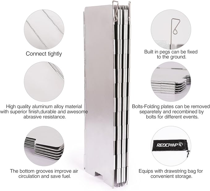 REDCAMP Folding Outdoor Stove Windscreen, 10 Plates Aluminum Camping Stove Windshield with Carrying bag, Lightweight Butane Burner Windshield