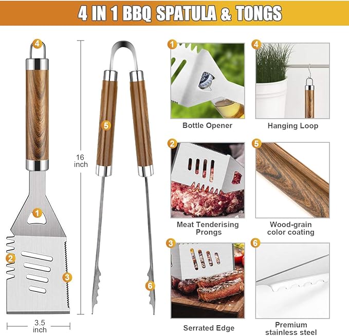BBQ Grill Accessories Set, 38Pcs Stainless Steel Grill Tools Grilling Accessories with Aluminum Case, Thermometer, Grill Mats for Camping/Backyard Barbecue, Grill Set for Men Women