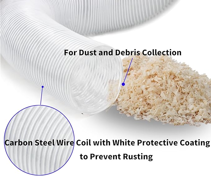 JUYO VONSAN 4 inch Dust Collection Hose 50ft Flexible Heavy Duty Clear PVC Dust Debris With Free 4"" Dust Hose Connector and Hose Clamps for Dust Collectors (4 inch x 50 ft)