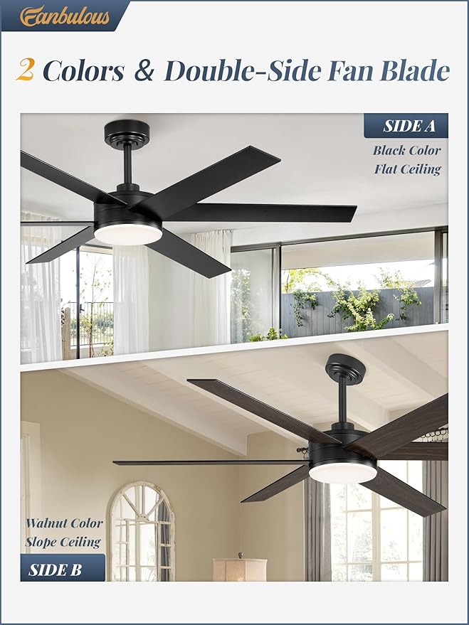 56 Inch Ceiling Fans with Lights and Remote, Reversible 6 Blades, Dimmable, 3000K-6000K Adjustable, Outdoor Ceiling Fans for Patios, Large Ceiling Fan for Indoor or Covered Outdoor-Black