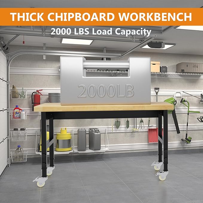 48" Work Bench with Drawers, Adjustable Height Workbench with Wheels, Heavy-Duty Work Table with Power Outlets, 2000 LBS Capacity Workstation for Garage, Workshop, Office, Home