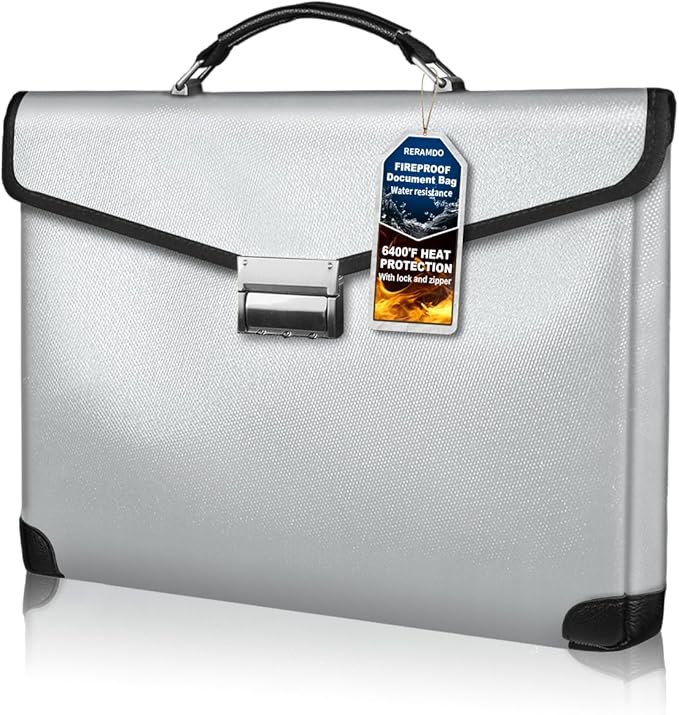 Fireproof Document Bag 14.5"X11"X2.5" Fireproof Money Bag for Cash With Lock and Zipper,Fire&Waterproof Storage Organizer Pouch for Valuables,Legal Document,Laptop,Passport,(Silver)
