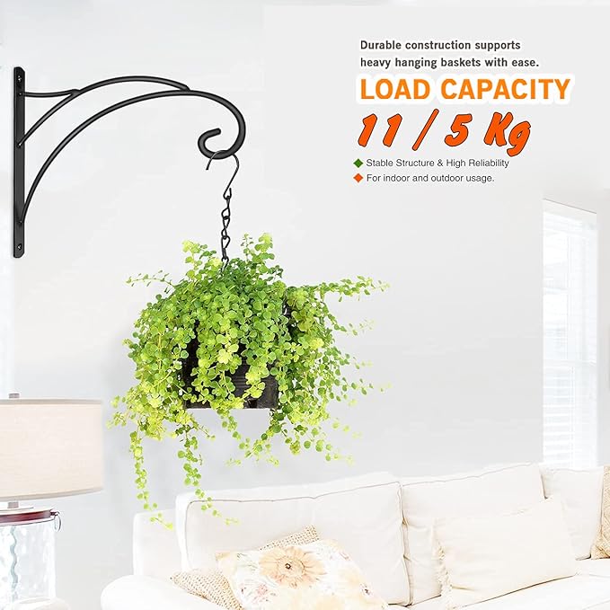 Hanging Plant Brackets, Pack of 4 Iron Hanging Basket Bracket Durable Weather-Resistant Outdoor Plant Hooks for Hanging Plant Lantern Windchime Birdhouse Metal Sign Fruit Bracket, Screw Included