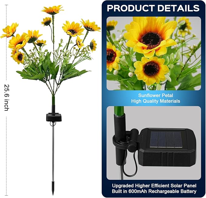 4 Pack Solar Garden Lights Outdoor, Colorful LED Waterproof Solar Powered Sunflowers Landscape Lights for Outside Yard, Patio, Pathway Decorative, Décor, Gifts, Two Lighting Modes