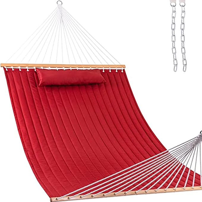 Lazy Daze Hammocks 12 FT Double Quilted Fabric Hammock with Spreader Bars and Detachable Pillow, 2 Person Hammock, 450 LBS Weight Capacity, Burgundy
