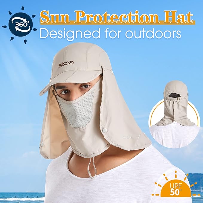 icolor Sun Hats for Men Women with Neck Flap,Foldable Sun Cap Fishing Sun Hats,UPF50+ Sun Protection Ponytail Hats