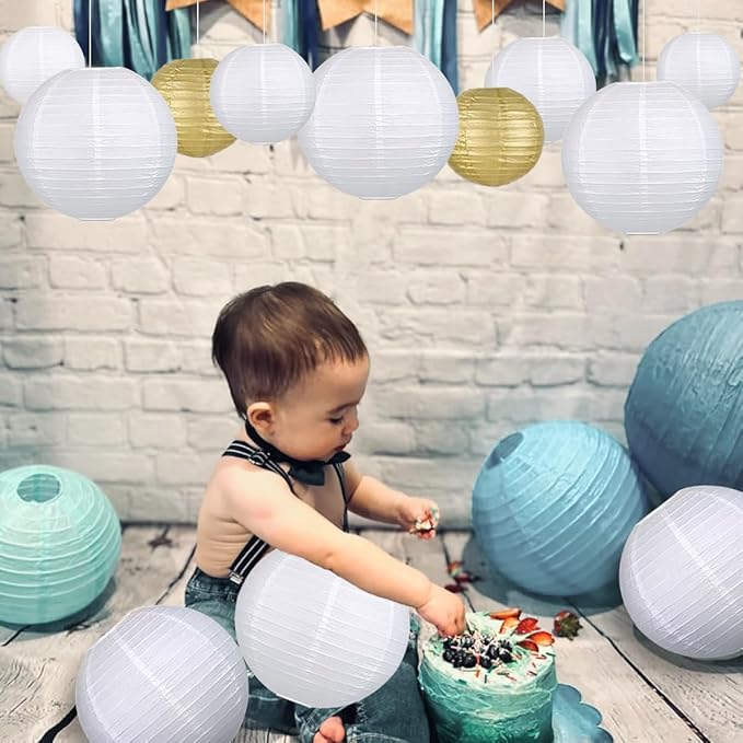 12Pcs Round Paper Lanterns Assorted Sizes (6" 8" 10" 12") for Home Decor, Restaurant, Church, Wedding, Birthday Party Decorations, Hanging Chinese Japanese Paper Lantern Lamps (White)