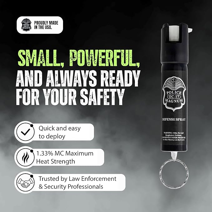 Police Magnum Small Pepper Spray Self Defense Safety Tool- Strong Built-in Keychain Holder- Compact Discreet Canister- Made in The USA- 1 Pack 3/4oz Twist Lock Keyring