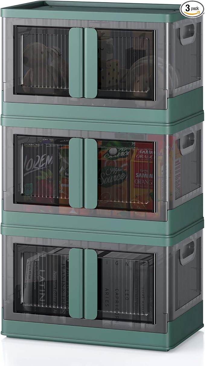 8.4Gal Collapsible Storage Bins with Lids & Wheels - 3 Pack Stackable with Doors, Heavy-Duty Plastic Containers for Home/Office, Green