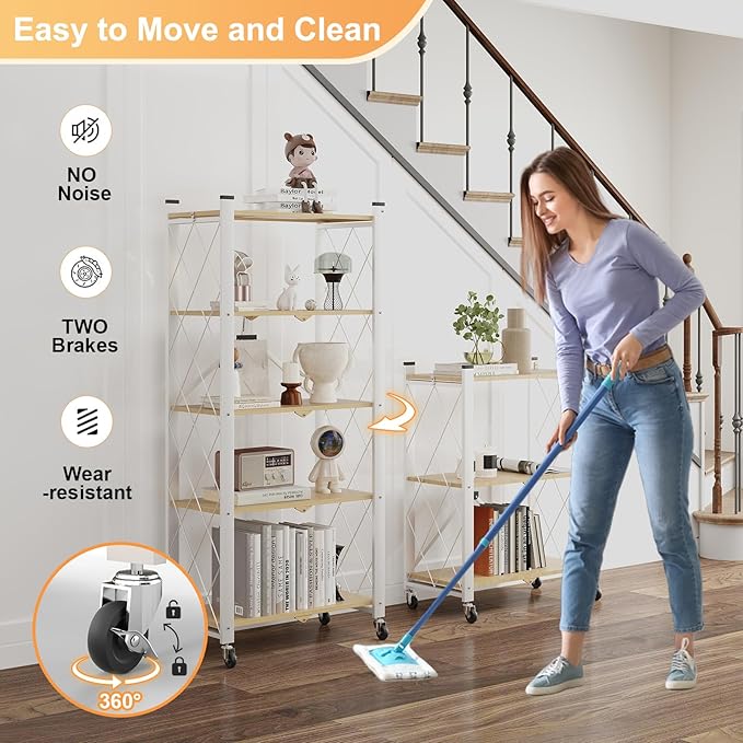 5-Tier Foldable Storage Shelves with Wheels, Folding Metal Shelf Unit, Folding Bookshelf no Assembly, Collapsible Shelves for Craft Shows for Kitchen, Bedroom, Living Room, Natural