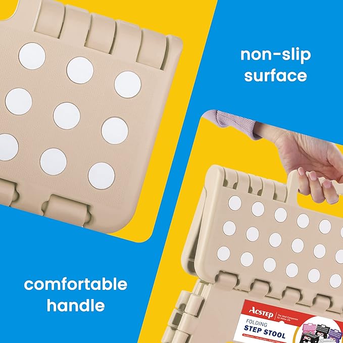 ACSTEP Folding Step Stool - 9 Inch Lightweight Plastic Non-Slip Foldable Stool for Kitchen, Bathroom, Bedroom - Khaki