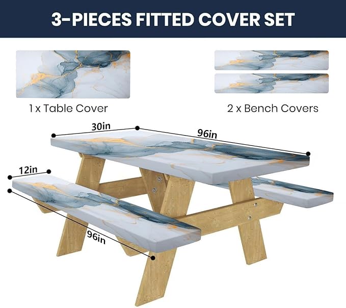 CAPSCEOLL Picnic Table Cover with Bench Covers 8Ft Waterproof Camping Tablecloth All-Weather Outdoor Table Protector with Drawstring Bag for Camping Essentials, 96X30In, Grey White