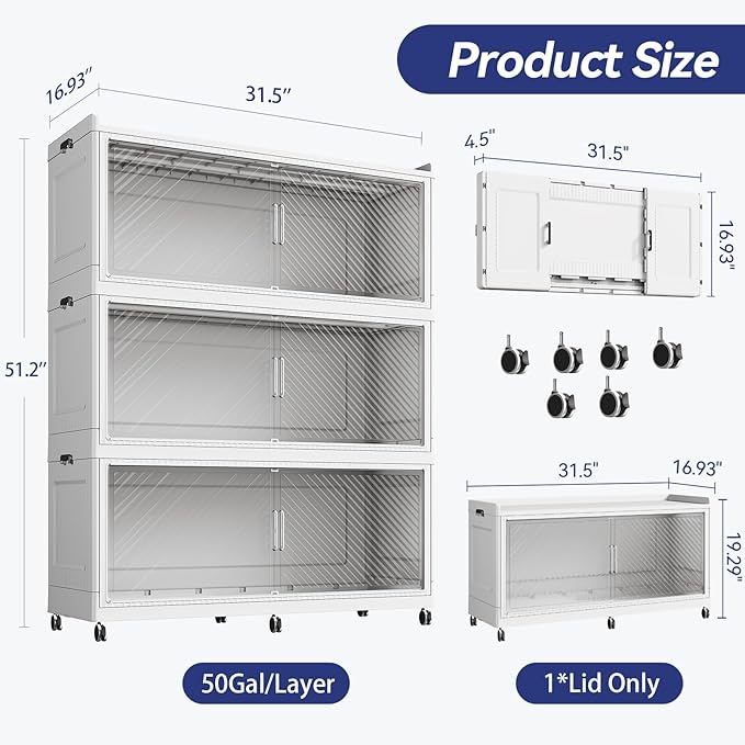 150GAL Extra Large Stackable Storage Bins with Lid, 600QT Plastic Closet Organizer and Storage Cabinet with Wheels and Doors, Folding Storage Box Container for Home Organization, 3Pack White