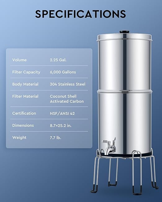 CO-Z Gravity Fed Water Filter System, Stainless Steel Gravity Water Purifier with 2 Carbon Filters, 2.25 Gal Countertop Water Filtration System, Chamber Stand & Water Spigot, NSF/ANSI 42 Certification