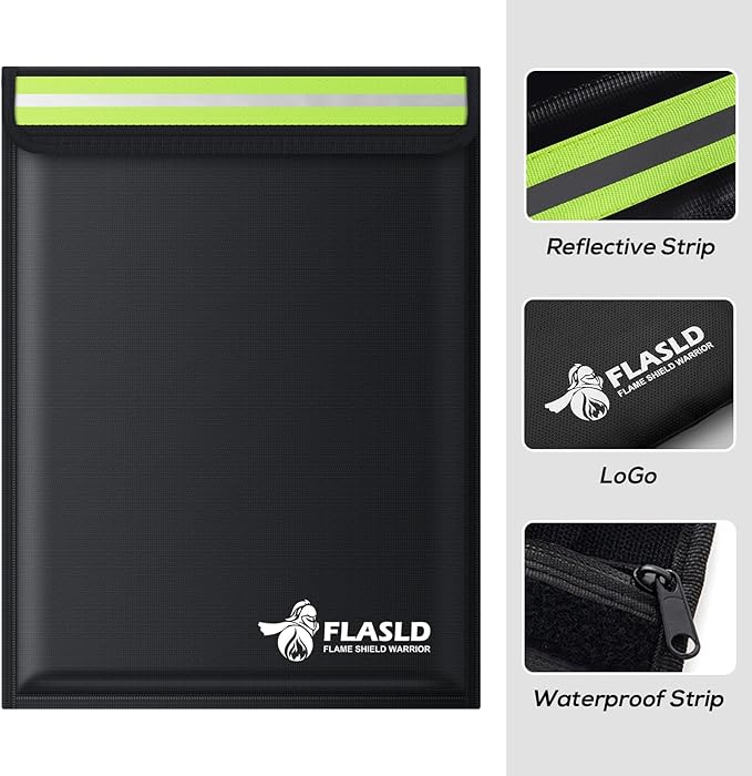 FLASLD Fireproof Document & Money Bags, Large Fireproof & Water Resistant Bag, Fireproof Folder Safe Bag for Cash, Valuables & Passport, with Silicone Coating & Zipper Closure (Document Bag-15x11”)