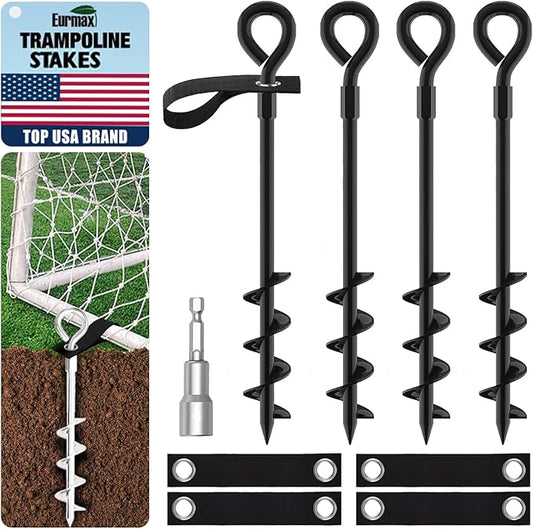 Eurmax USA Trampoline Stakes Screw in Tent Stakes Parts Heavy Duty for Canopies,4-Pack Outdoor Anchor Kit with Straps(Black)