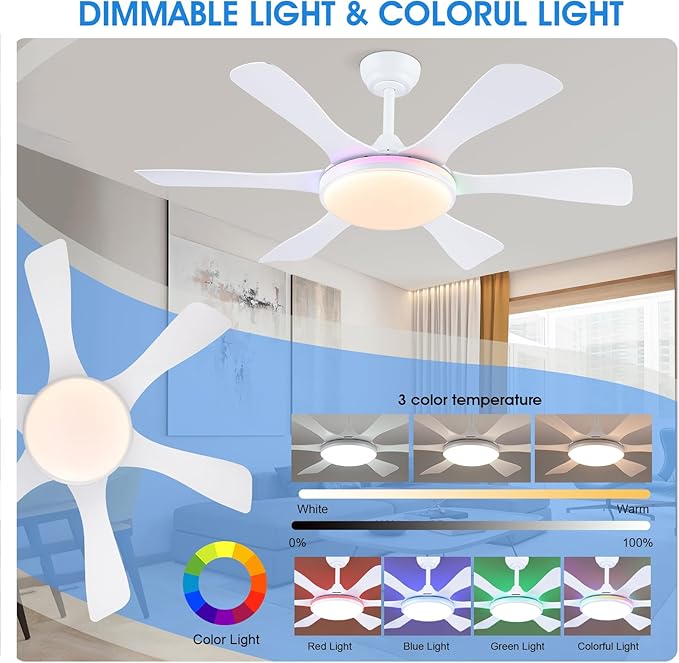 Ceiling Fans with Lights-47 Low Profile Ceiling Fan with 7-Color RGB Light and Remote/APP Control,Flush Mount,DC Reversible,LED Dimmable White Ceiling Fans for Bedroom,Indoor/Outdoor Patio