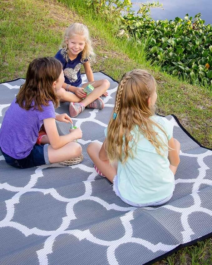 5x7 Gray Lattice Outdoor RV Mat – Extra Thick 5mm Recycled Poly Rug – Heavy-Duty, Waterproof, Reversible – Stylish Luxury Mat for Camping, Patio, Beach (Gray Lattice NO Carry Bag, 5'x7')