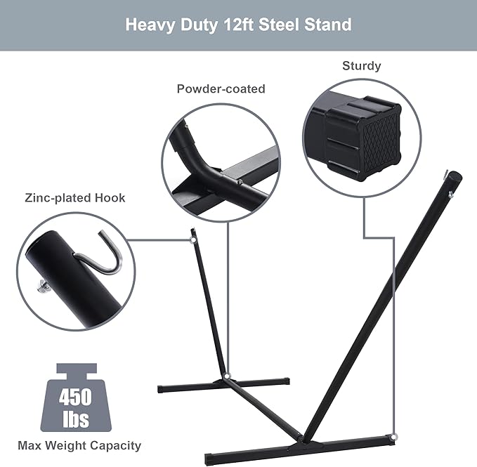 Double Hammock with Stand Included, Portable Hammock with Curved Spreader Bar, Pillow and Carrying Bag, 450 Lbs Capacity, Grey Pattern