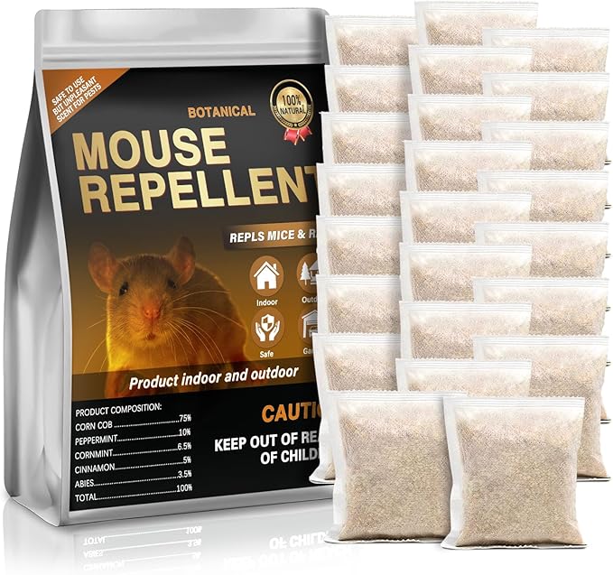 24 Pack Mouse Repellent Pouches,Rodent Repellent for Car Engines,Mouse deterrents That Works,Peppermint Oil to Repel Mice and Rat
