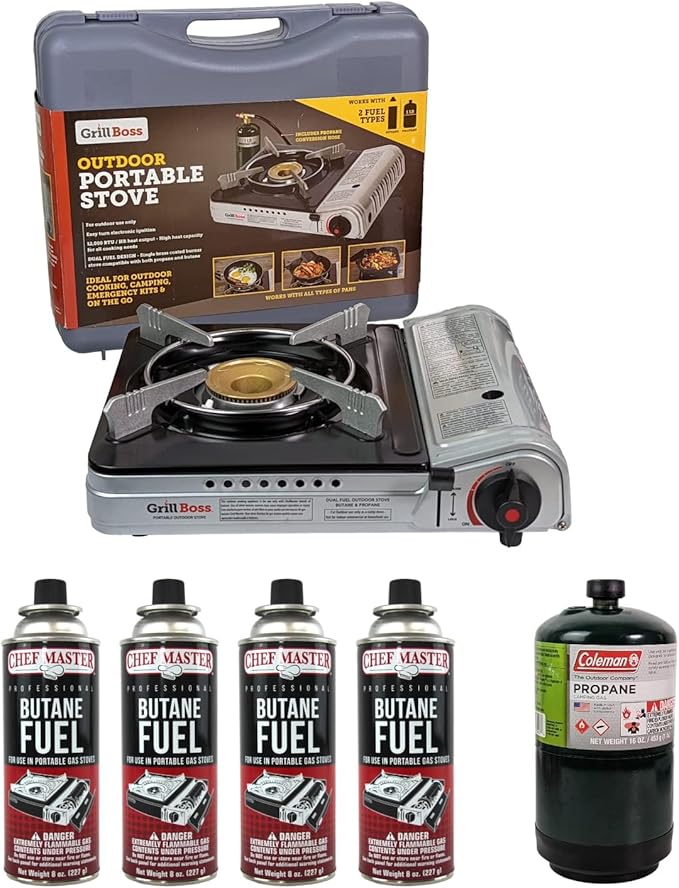 Dual Fuel Portable Stove Combo, Dual Fuel Butane & Propane Stove, 12K BTU Portable Camping Stoves w/ 4 x 8 oz. Butane Tin Canister for Camping, Emergencies & Outdoor Cooking, Grill by Grill Boss 90057