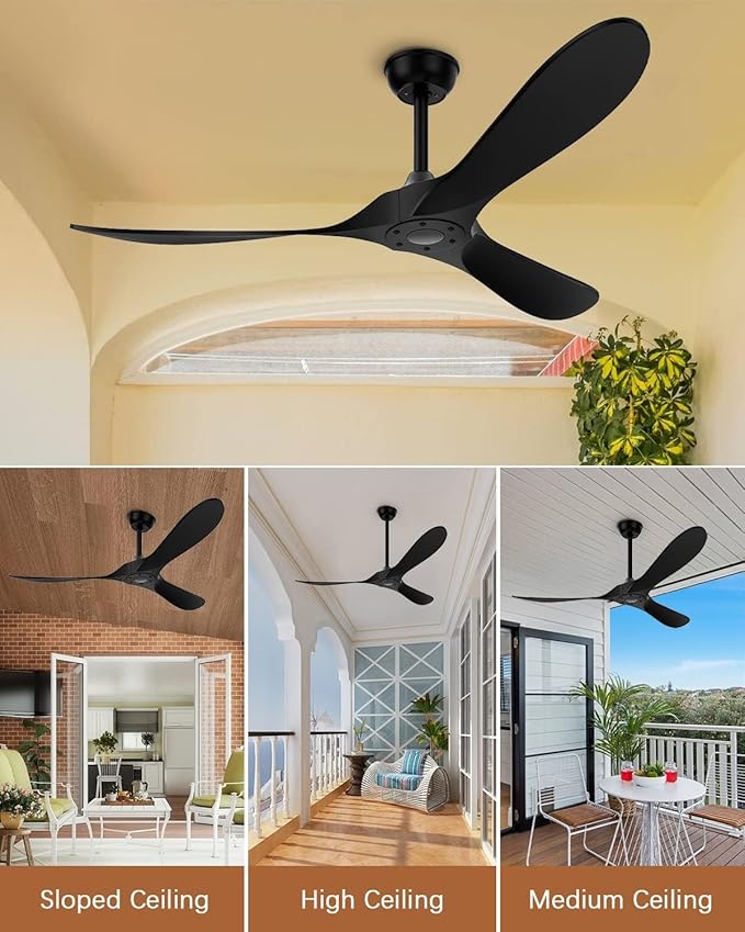 Black Ceiling Fan No Light, 52 in Outdoor Ceiling Fan with Remote, Indoor Ceiling Fans without lights 3 Blades, 6 Speed Reversible DC Motor Modern for Patios, Kitchen, Bedroom, Porch (Black)