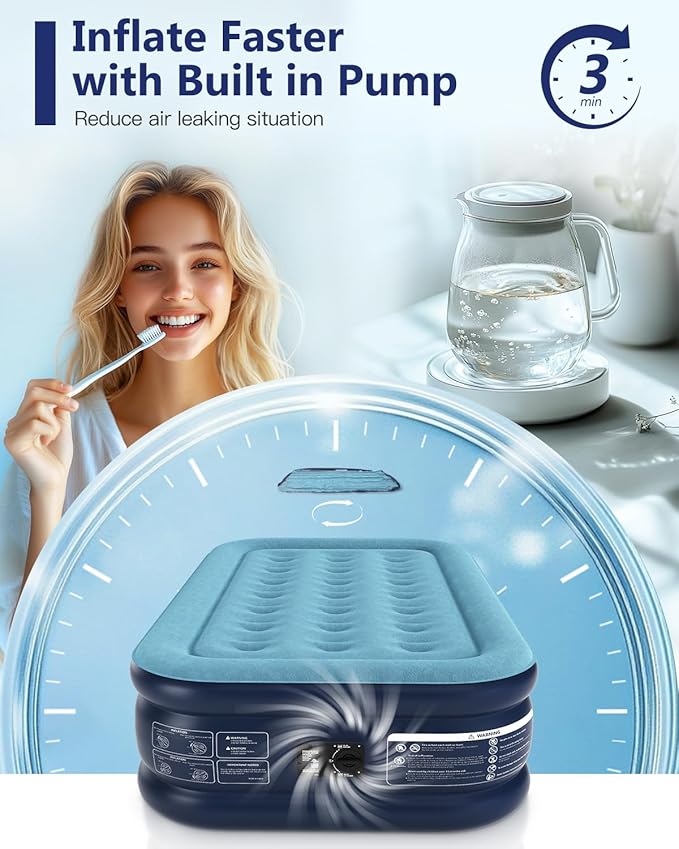 Twin Air Mattress with Built in Pump 16" Blow Up Mattress Raised Air Bed, 3 Mins Quick Self Inflatable with Storage Bag for Guest and Home