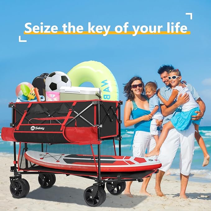 400L Large Capacity Folding Double Decker Wagon with Brakes, 50" Extra Long Extender Cart, 500lbs Heavy Duty Collapsible Wagons, All-Terrain Big Wheels for Camping, Sports, Shopping. Red&Black