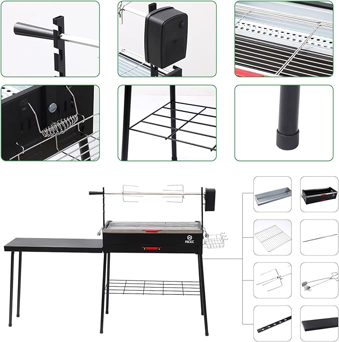 Nice C Portable Charcoal Grill, Rotisserie, Detachable Table, Stainless Steel, Black, Outdoor, Freestanding, Manual Rotisserie