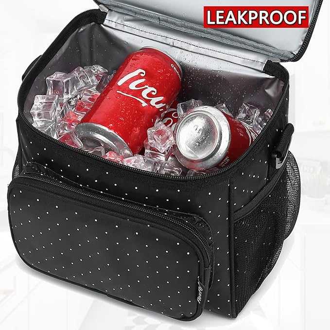 FlowFly Insulated Reusable Lunch Bag Adult Large Lunch Box for Women and Men with Adjustable Shoulder Strap,Front Zipper Pocket and Dual Large Mesh Side Pockets,Dot