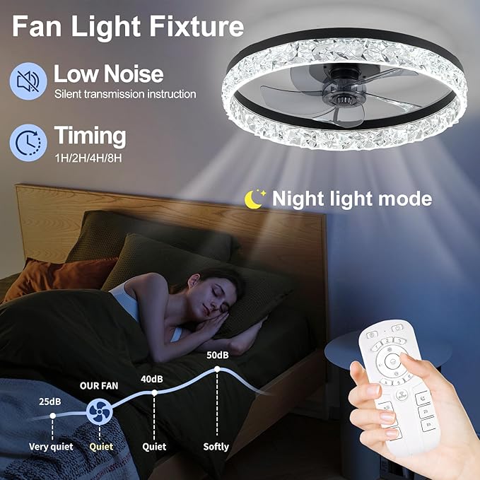 Ceiling Fans with Lights and Remote, 20 Inch Ceiling Fan with Light, Low Profile Reversible Fandelier Ceiling Fan, Dimmable LED, Flush Mount, Low Noise DC Motor, for Bedroom Kitchen Small Room