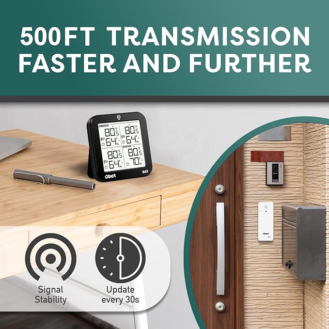 OBET Indoor Outdoor Thermometer Wireless with 3 Sensors Weather Station Temperature Humidity Monitor 500ft Range and Adjustable Backlight and Min Max Data Black