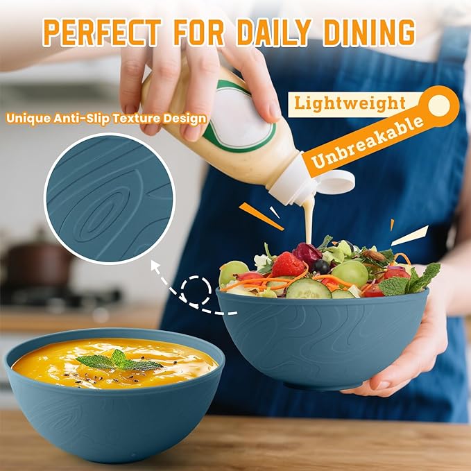 Homienly Bowls for Kitchen, Premium Wheat Straw Bowl 6 PCS, Unbreakable LIghtweight Salad Bowl with Texture, Alternative to Plastic Bowls Reusable, Microwave and Dishwasher Safe, Freezer Safe- Blue