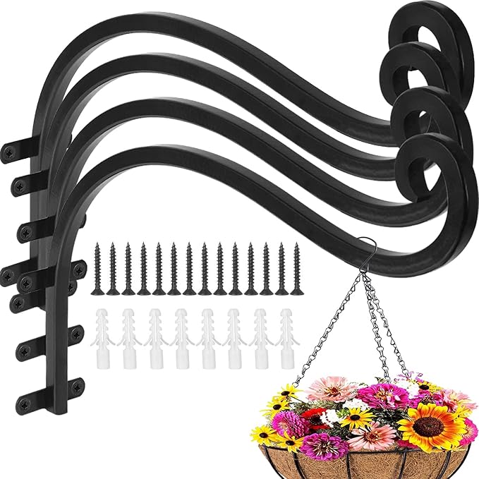 4Pack Heavy Duty Plant Hanger, 12inch Outdoor Hanging Plant Bracket, 60lbs Bearing Capacity Metal Wall Flower Pot Hanger Hooks, Wall Hanging Hooks for Wind Chimes, Bird Feeders, Lanterns