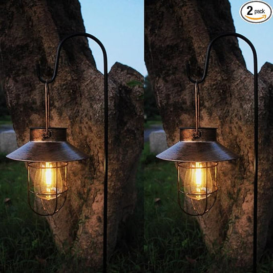 2 Pack Solar Lanterns, Outdoor Hanging Lights Metal with Shepherd Hook Warm White Edison Bulb Design for Garden and Birthday Gifts for Mom Grandma Wife ( Copper)
