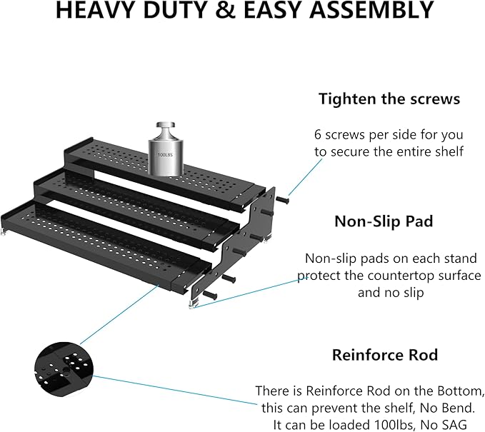 Expandable Spice Rack organizer with 3-Tier step shelf,Modern Design heavy duty,Non Skid and Visibility ,Great for Kitchen Cabinet,Bathroom,dressing table,Cupboard, Pantry and more(1PACK/GUN-GREY)